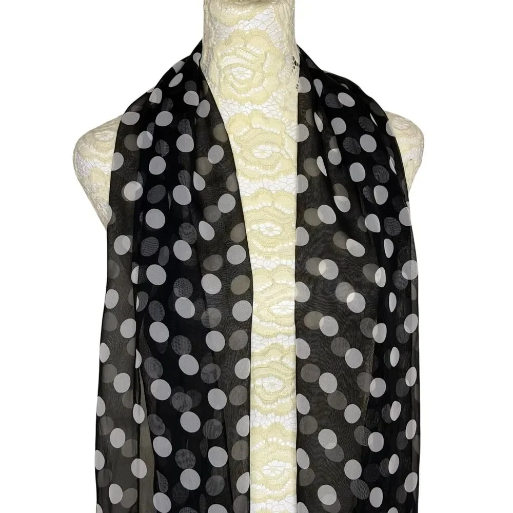 Liz Claiborne Sheer Scarf Polka Dot Black White Long Rectangle  20 x 70